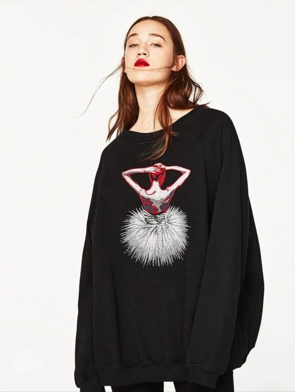 Zara Oversized Embroidered Ballerina Tie Lace Up Back Sweatshirt Top XS S